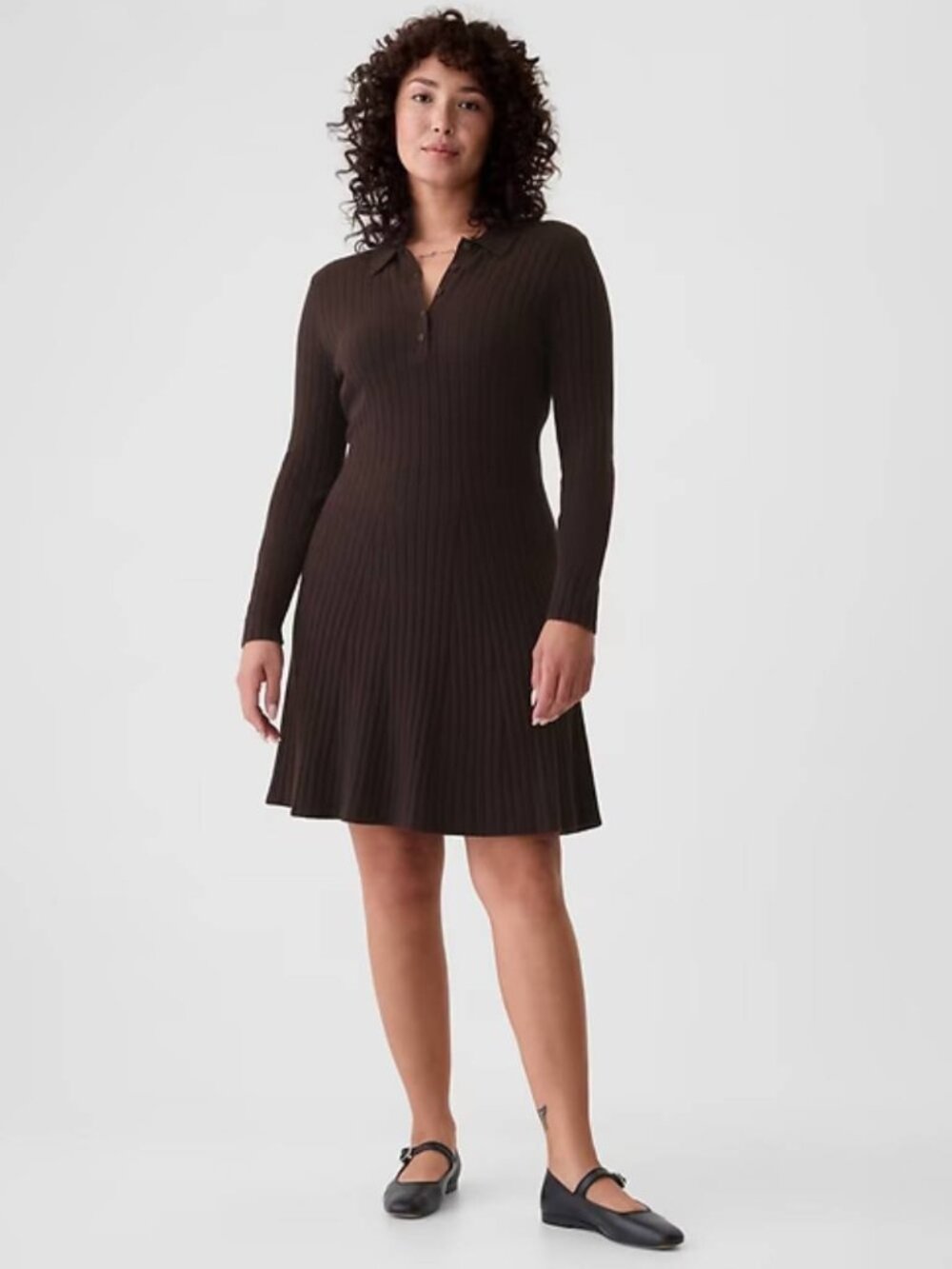 Joe Fresh Fitted Ribbed Polo Long Sleeves Sweater Mini Dress in Brown